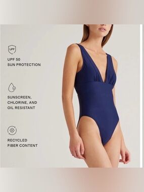 👉 NWT Quince Plunge One Piece Swimsuit Navy | Size L | UPF 50